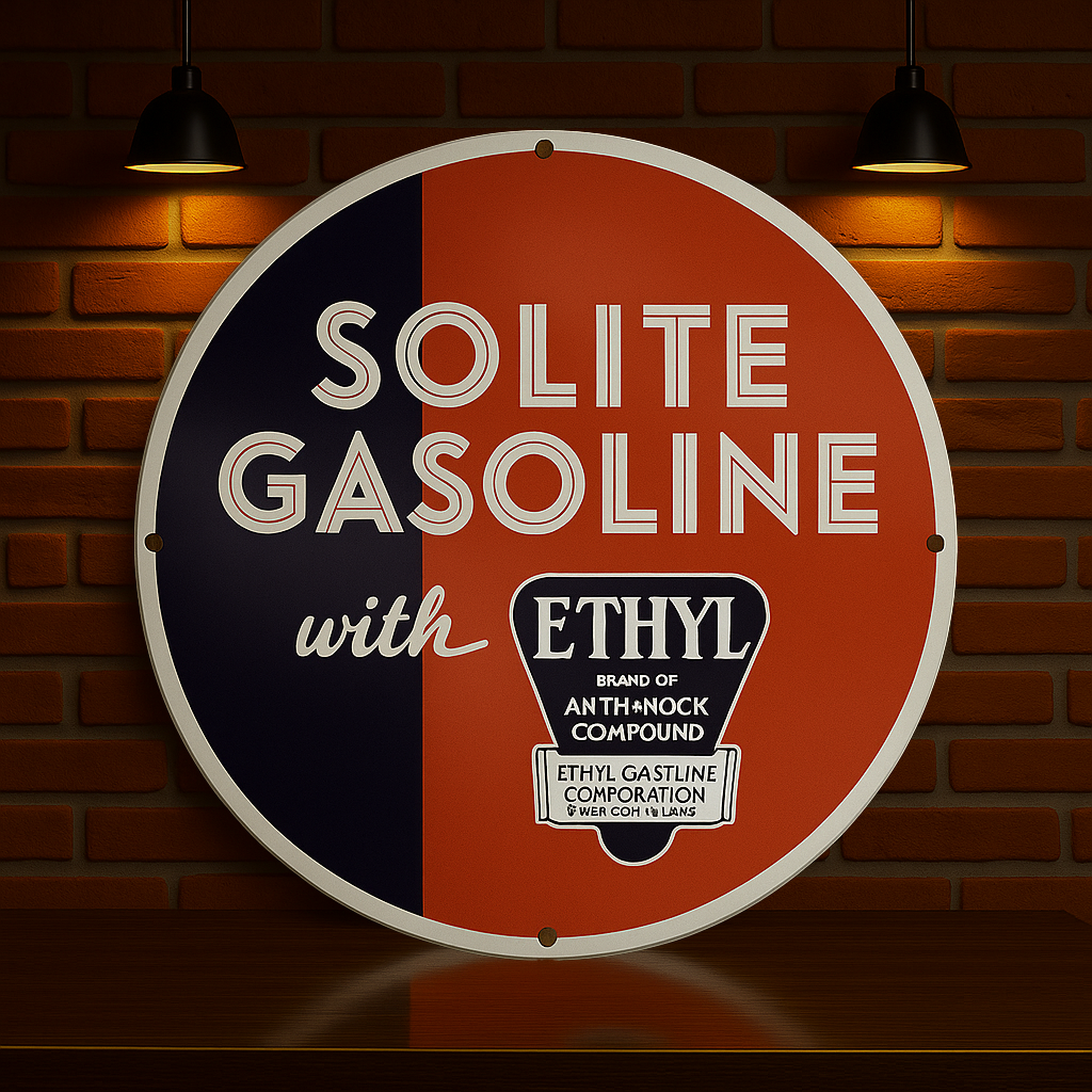 SOLITE GASOLINE With Ethyl Round Sign – Heavy Metal Garage & Man Cave Decor