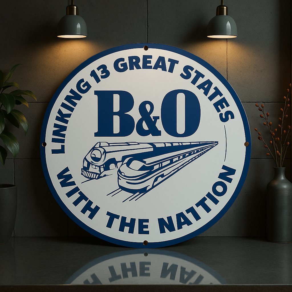 B&O Railroad Round Heavy Metal Sign – Linking 13 Great States with the Nation – Garage & Man Cave Decor