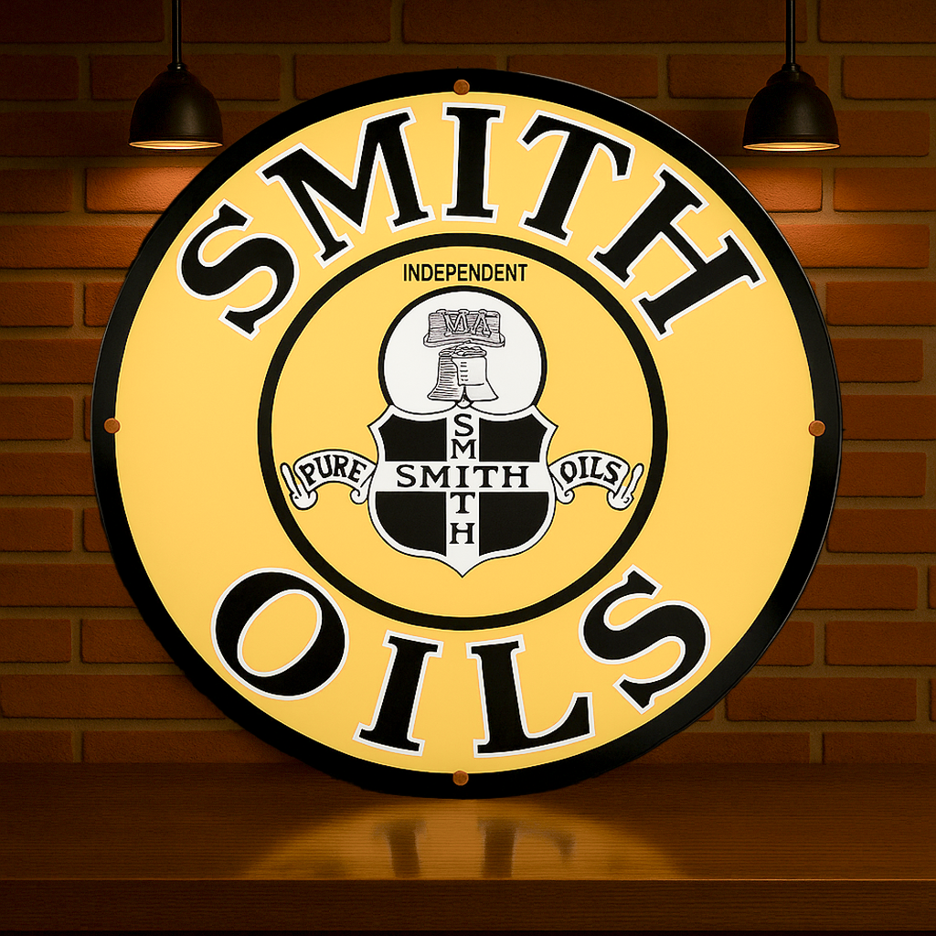 SMITH OILS Yellow Independent Motor Oil Sign – Heavy Metal Garage & Man Cave Decor