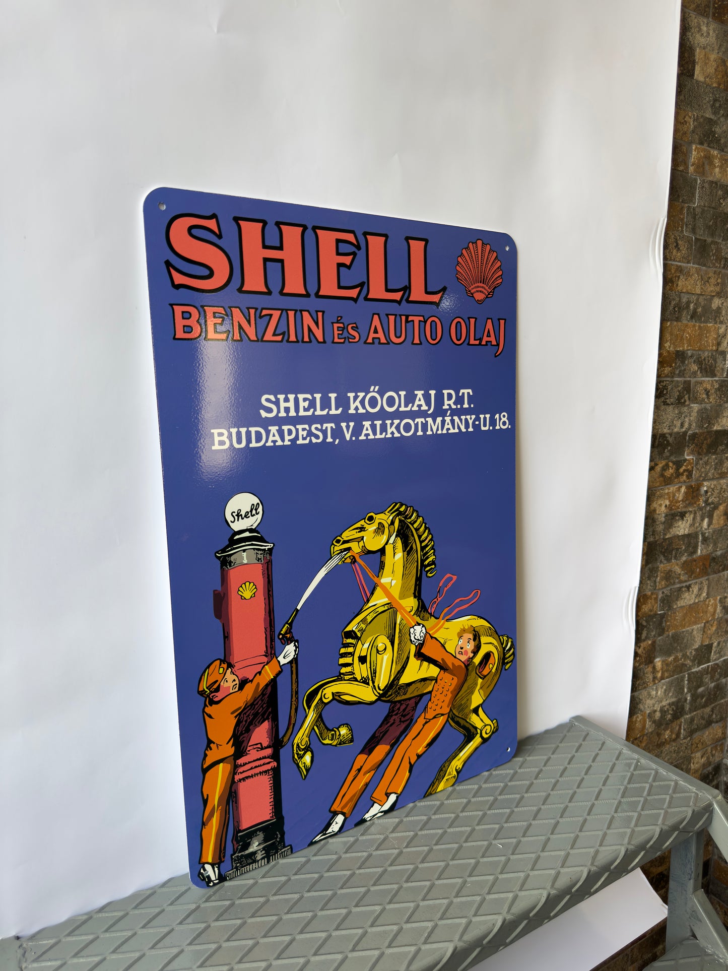 Shell Auto Olaj Vintage Motor Oil Sign – Heavy Metal Garage & Man Cave Decor