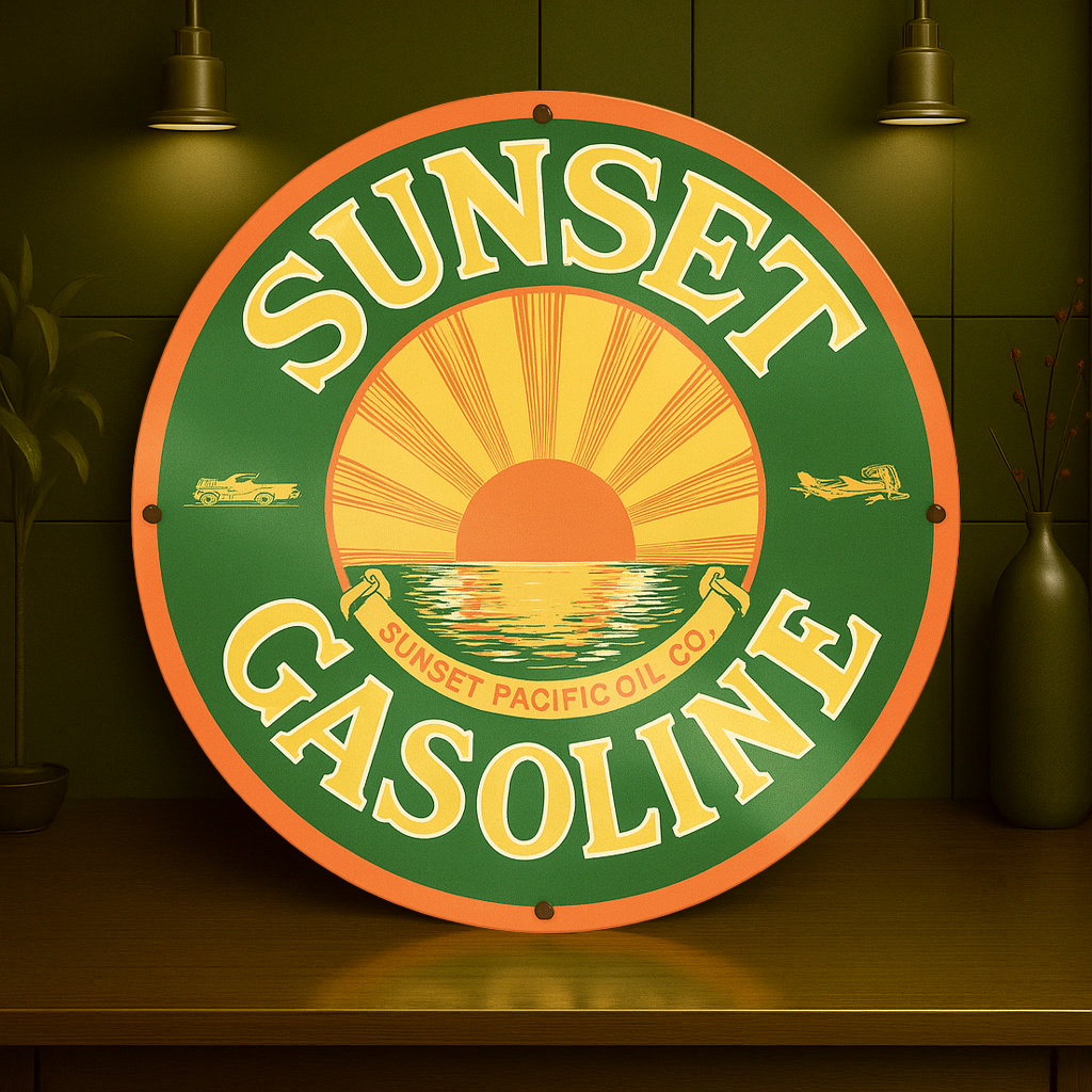 Sunset Gasoline Sign – Heavy Metal Garage & Man Cave Decor