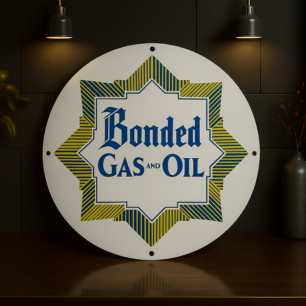 BONDED GAS AND OIL Round Sign – Heavy Metal Garage & Man Cave Decor