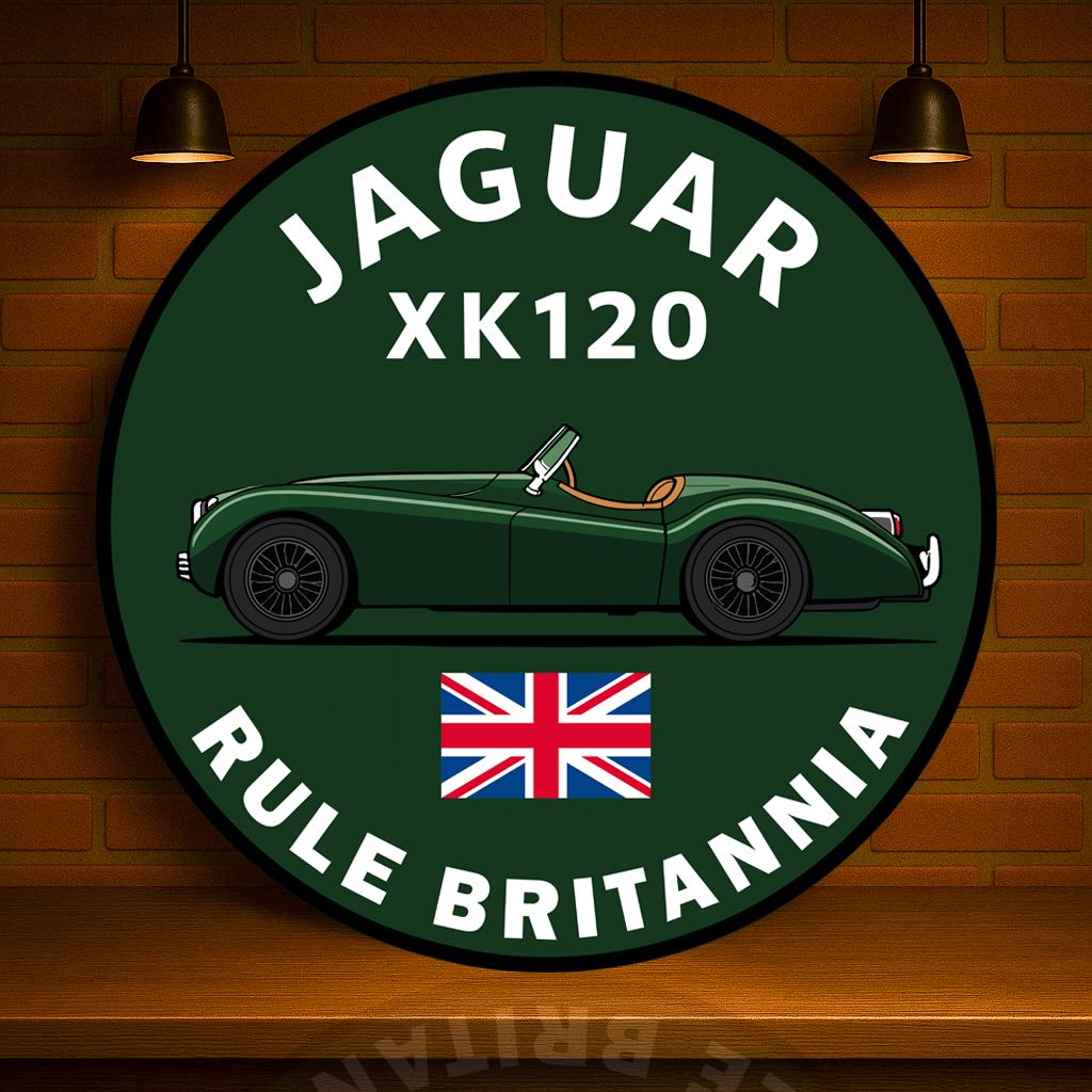 Jaguar XK120 Rule Britannia Heavy Metal Sign – Garage & Man Cave Decor