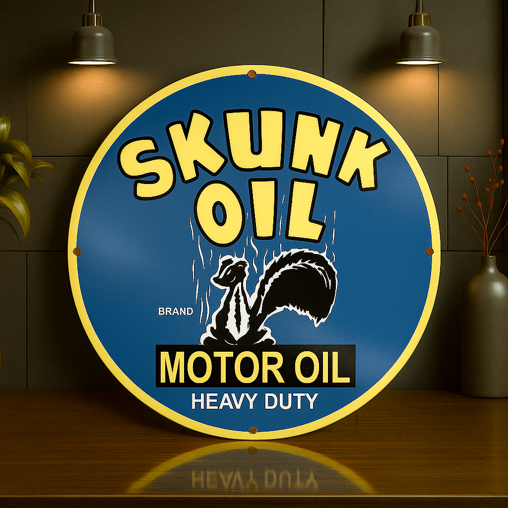 SKUNK OIL Heavy Duty Motor Oil Round Sign – Heavy Metal Garage & Man Cave Decor