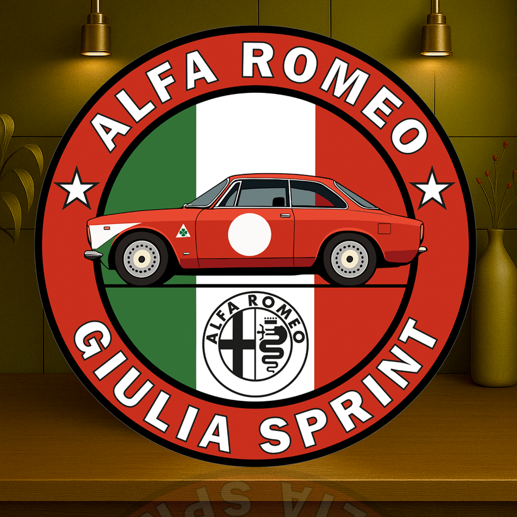 Alfa Romeo Giulia Sprint Italian Racing Soul Reimagined Sign – Glossy Heavy Metal Garage Decor