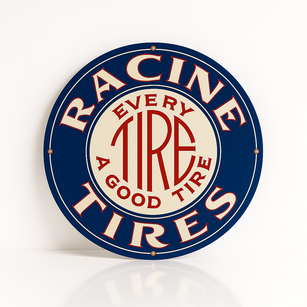 RACINE TIRES "Every Tire A Good Tire" Round Heavy Metal Sign – Garage & Man Cave Decor