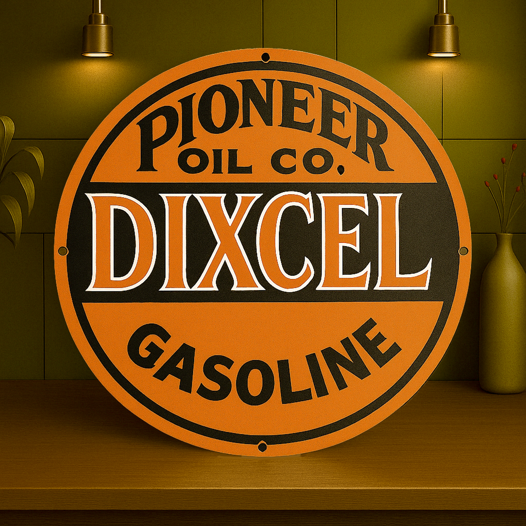 DIXCEL Gasoline Pioneer Oil Co. Heavy Metal Sign – Garage & Man Cave Decor