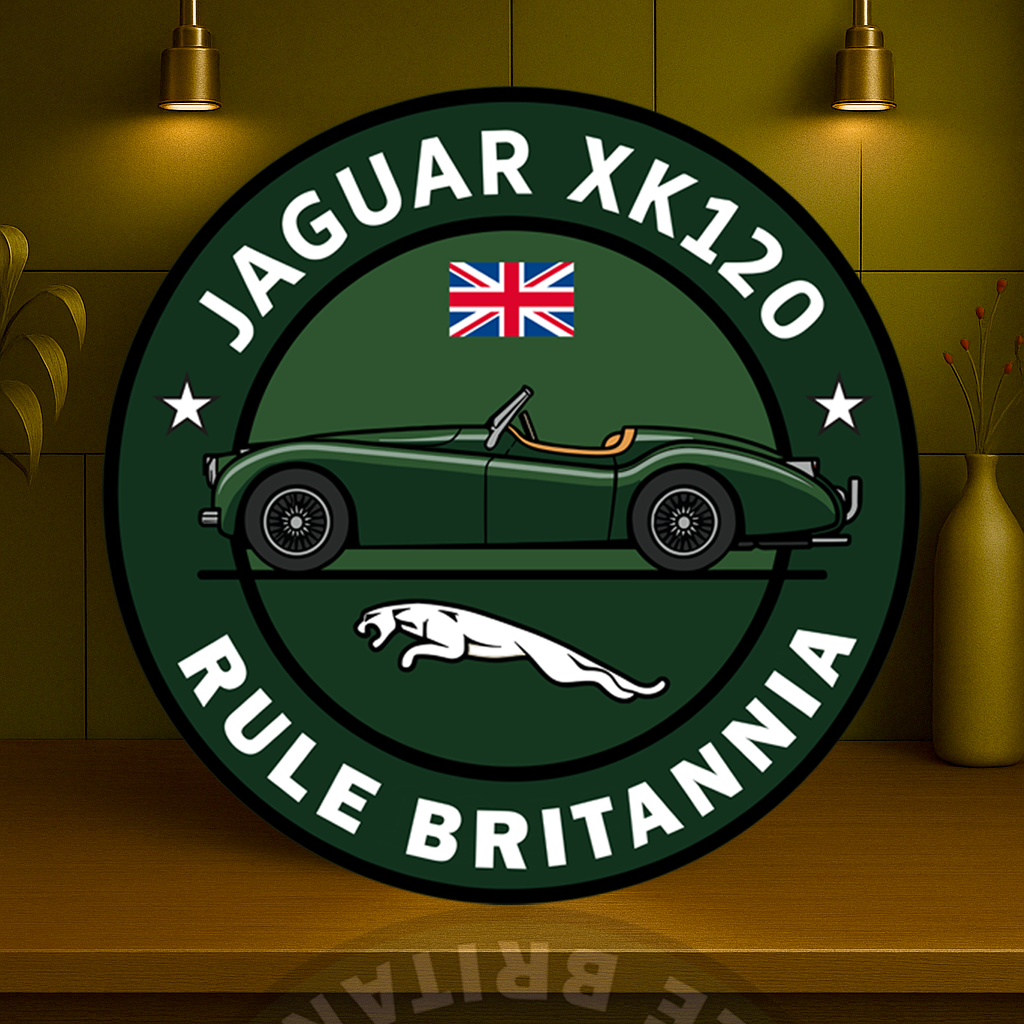 Jaguar XK120 Rule Britannia Heavy Metal Sign – Garage & Man Cave Decor