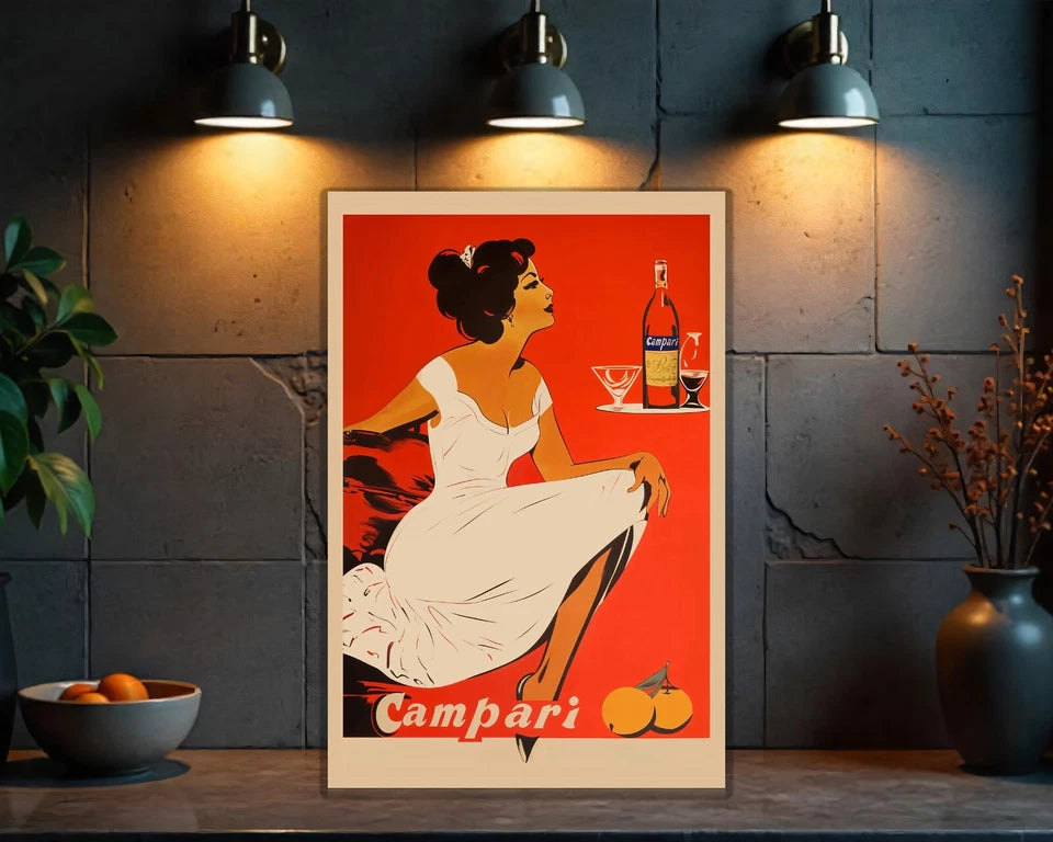 Campari Lady in White Sign - Elegant Retro Italian - Heavy Metal Cafe Decor