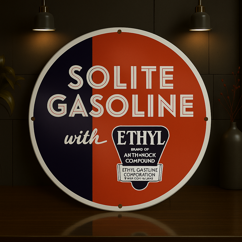 SOLITE GASOLINE With Ethyl Round Sign – Heavy Metal Garage & Man Cave Decor