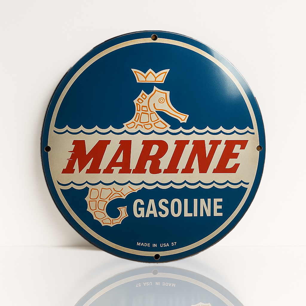 Marine Gasoline Round Retro Heavy Metal Sign-Crowned Seahorse Design-Garage & Man Cave Decor