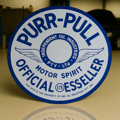 PURR - PULL Motor Spirit - Vintage Blue & White Round Heavy Metal Sign – Garage & Man Cave Decor