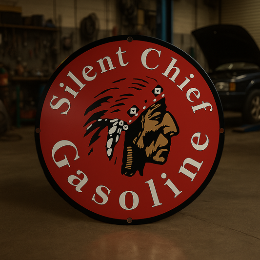Sılıent Chief Gasoline Round Heavy Metal Sign – Garage & Man Cave Decor