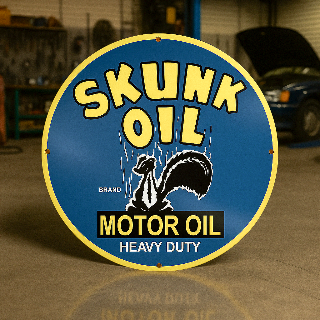 SKUNK OIL Heavy Duty Motor Oil Round Sign – Heavy Metal Garage & Man Cave Decor
