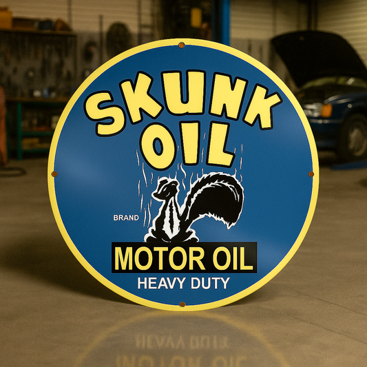 SKUNK OIL Heavy Duty Motor Oil Round Heavy Metal Sign – Garage & Man Cave Decor
