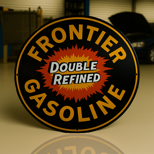 Frontier Gasoline - Double Refined Retro Style Round Heavy Metal Sign – Garage & Man Cave Decor