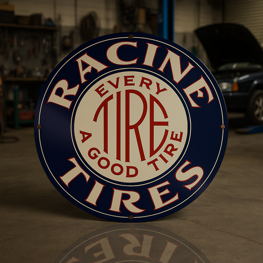 RACINE TIRES "Every Tire A Good Tire" Round Heavy Metal Sign – Garage & Man Cave Decor