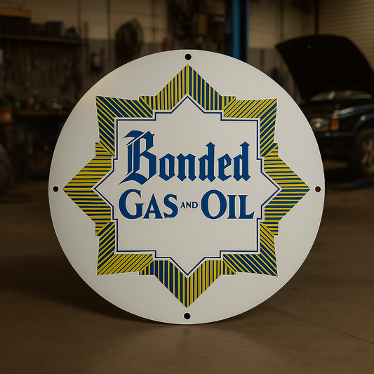 BONDED GAS AND OIL  Round Sign – Heavy Metal Garage & Man Cave Decor