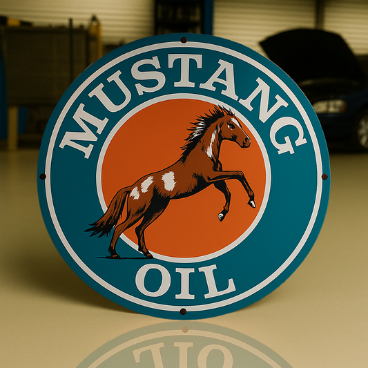 Mustang Oil Round Retro Gasoline Heay Metal Sign – Garage & Man Cave Decor