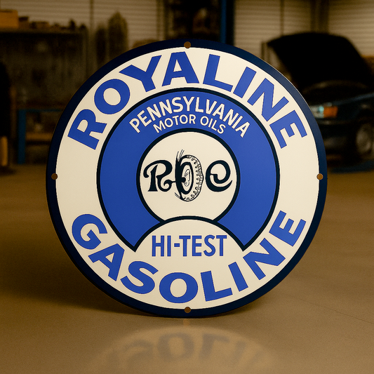 Royaline Gasoline Hi - Test Round Heavy Metal Sign – Garage & Man Cave Decor