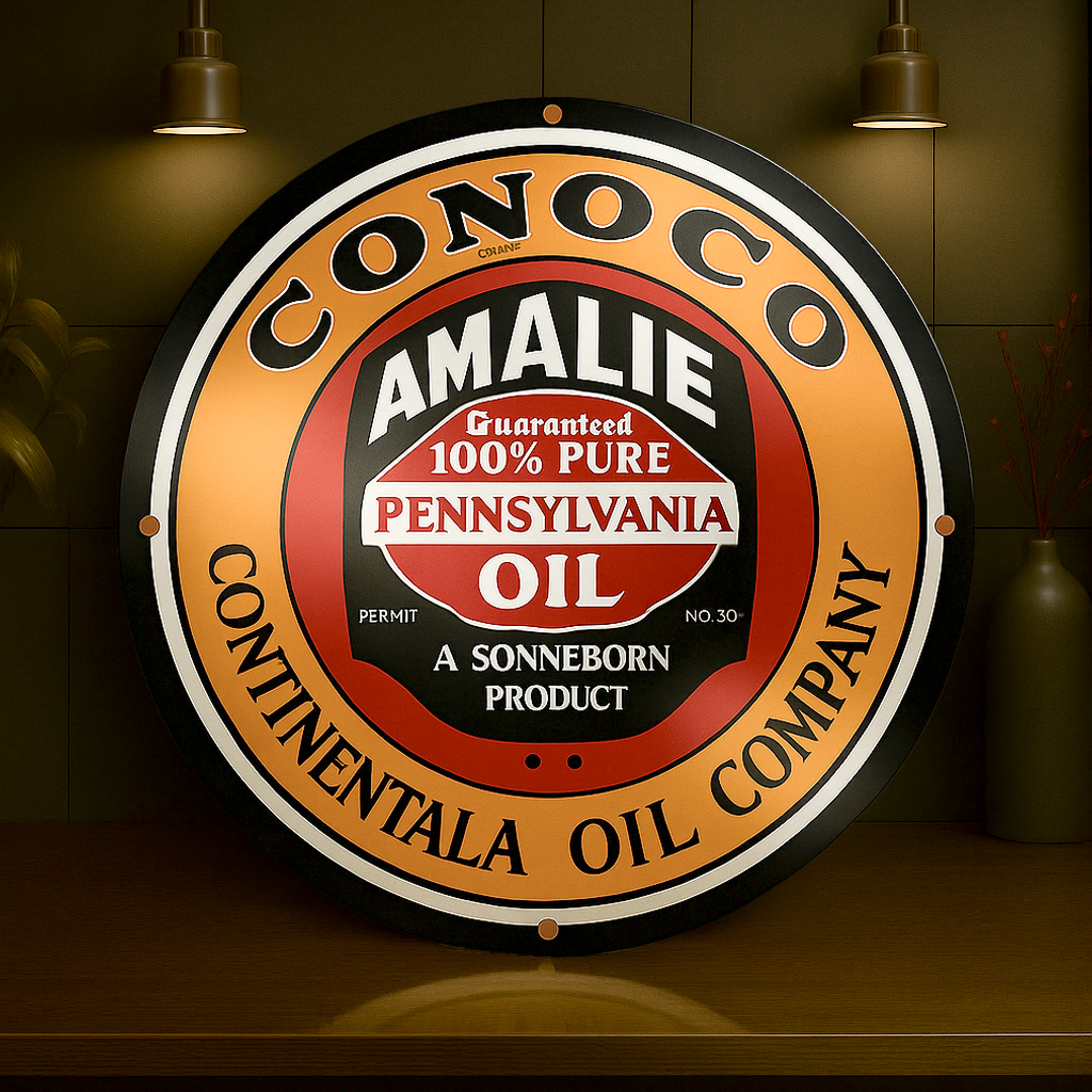 CONOCO AMALIE Pennsylvania Oil Round Heavy Metal Sign – Garage & Man Cave Decor