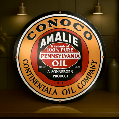 CONOCO AMALIE Pennsylvania Oil Round Heavy Metal Sign – Garage & Man Cave Decor