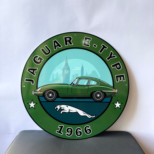 Jaguar - Jaguar E - Type Round Heavy Metal Sign – Garage & Man Cave Decor