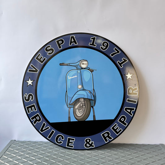 Vespa Scooter - Vespa Piaggio 1971 - Garage Service Round Heavy Metal Sign – Garage & Man Cave Decor
