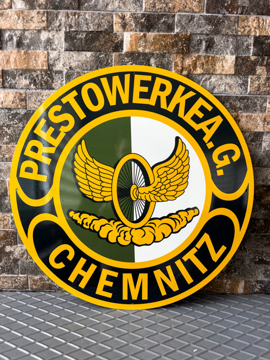 Chemnitz Prestowerkea - Vintage Bicycle Round Heavy Metal Sign – Garage & Man Cave Decor