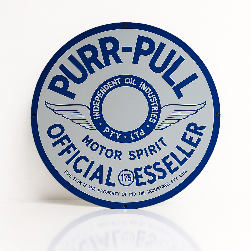PURR - PULL Motor Spirit - Vintage Blue & White Round Heavy Metal Sign – Garage & Man Cave Decor