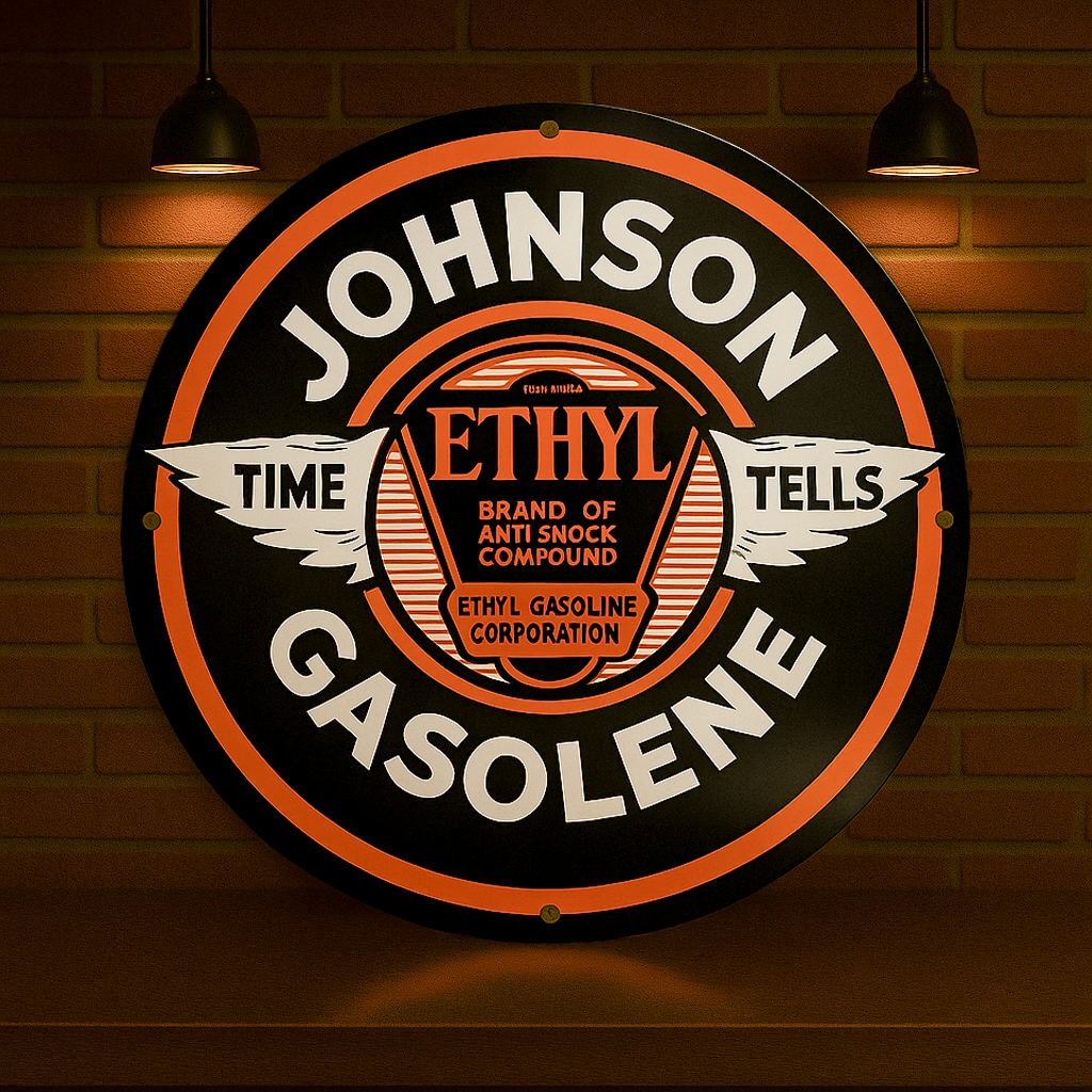 JOHNSON GASOLENE Time Tells Ethyl Wings Sign  – Heavy Metal Garage & Man Cave Decor