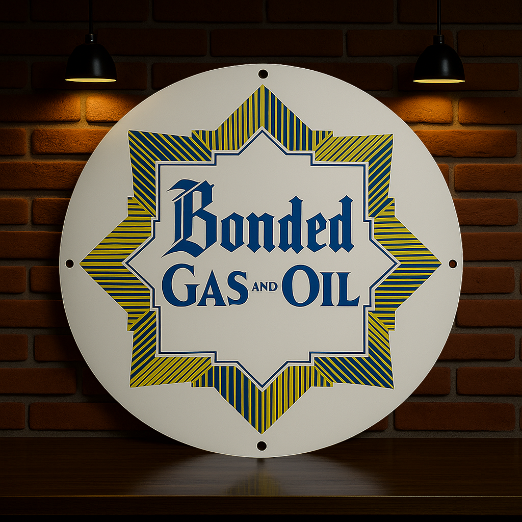 BONDED GAS AND OIL  Round Sign – Heavy Metal Garage & Man Cave Decor