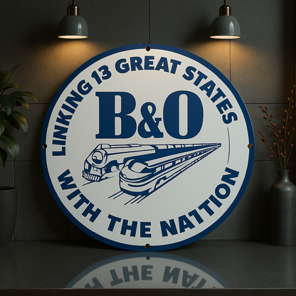 B&O Railroad Round Heavy Metal Sign – Linking 13 Great States with the Nation – Garage & Man Cave Decor