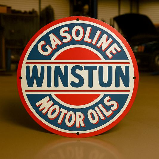 Winstun Gasoline Motor Oil Round Heavy Metal Sign – Garage & Man Cave Decor
