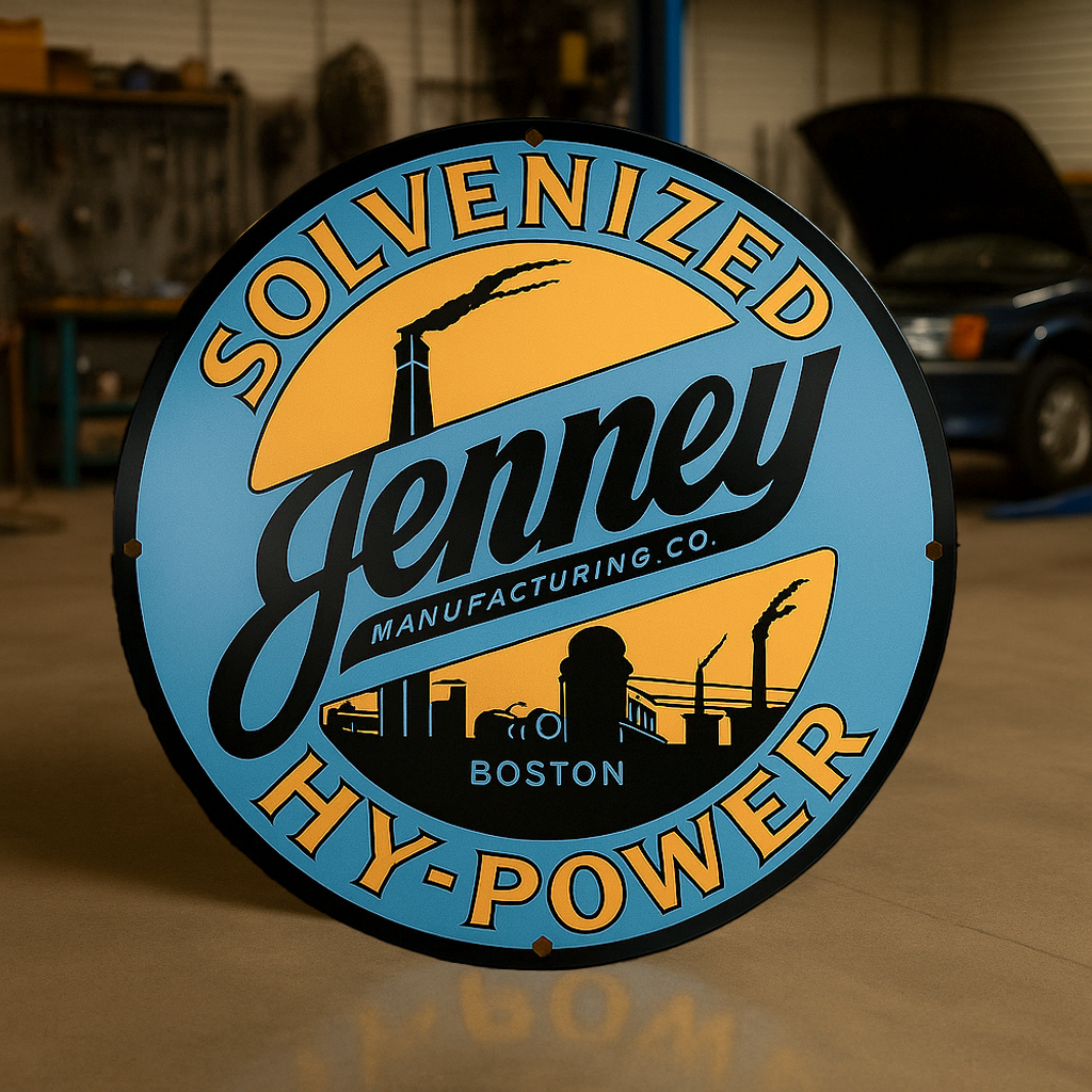 Jenney HY-POWER Industrial Oil Sign – Heavy Metal Garage & Man Cave Decor