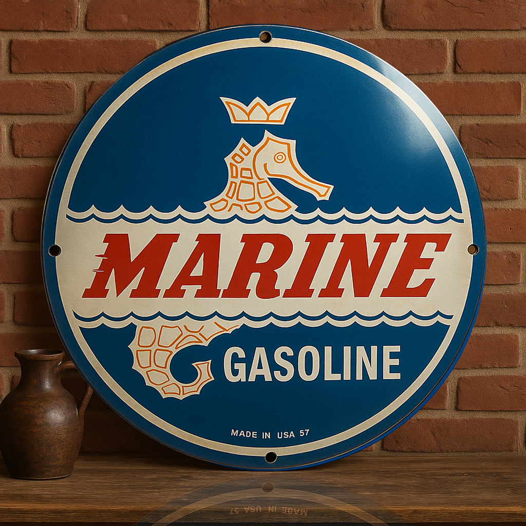 Marine Gasoline Round Retro Heavy Metal Sign-Crowned Seahorse Design-Garage & Man Cave Decor