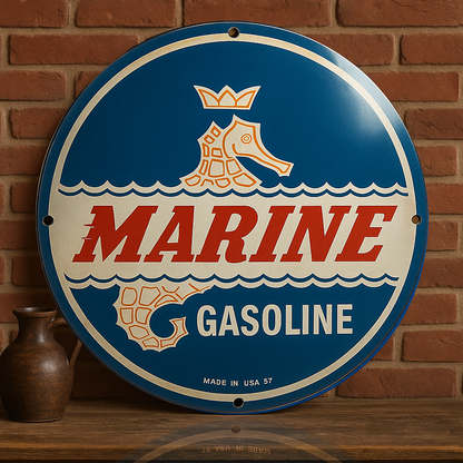 Marine Gasoline Round Retro Heavy Metal Sign-Crowned Seahorse Design-Garage & Man Cave Decor