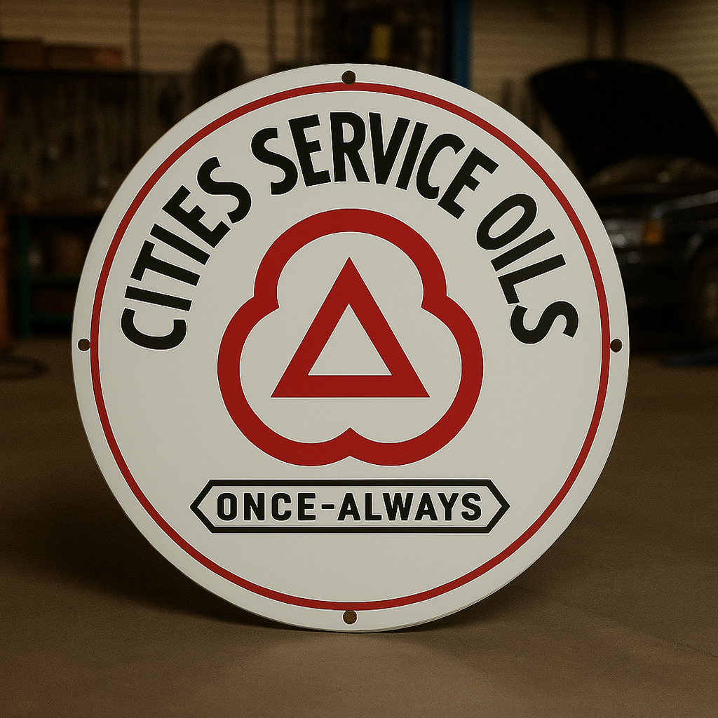 CITIES Service OILS Once - Always Round Heavy Metal Sign – Garage & Man Cave Decor