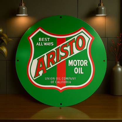 ARISTO Motor Oil Round Shield Heavy Metal Sign - Garage & Man Cave Decor