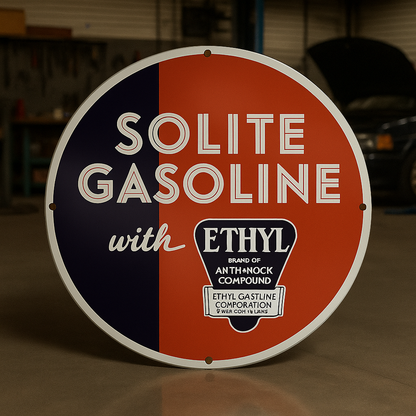 SOLITE GASOLINE With Ethyl Round Heavy Metal Sign – Garage & Man Cave Decor