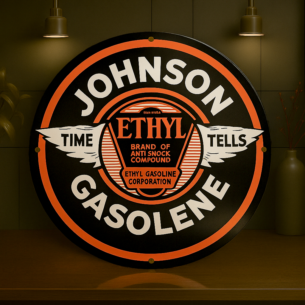 JOHNSON GASOLENE Time Tells Ethyl Wings Sign  – Heavy Metal Garage & Man Cave Decor