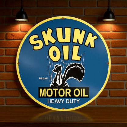 SKUNK OIL Heavy Duty Motor Oil Round Sign – Heavy Metal Garage & Man Cave Decor