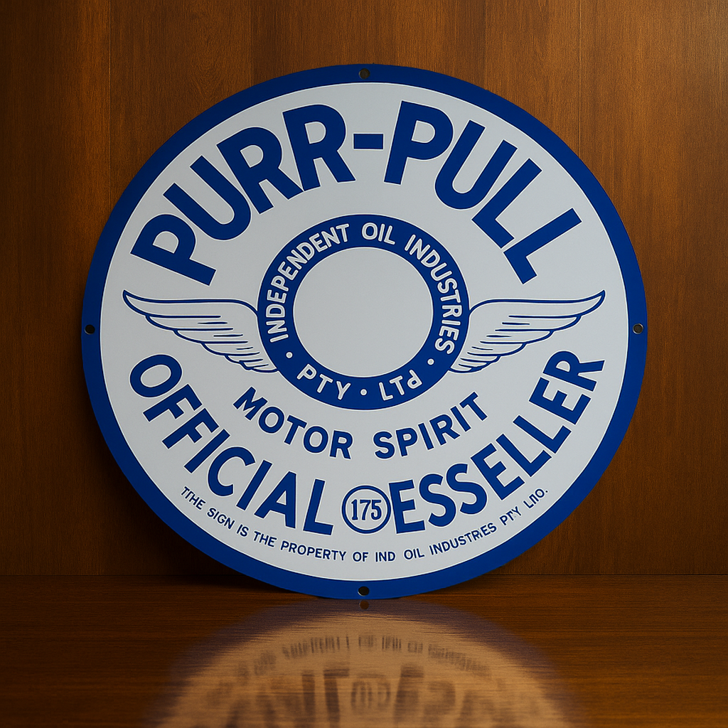 PURR - PULL Motor Spirit - Vintage Blue & White Round Heavy Metal Sign – Garage & Man Cave Decor