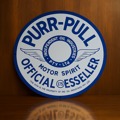 PURR - PULL Motor Spirit - Vintage Blue & White Round Heavy Metal Sign – Garage & Man Cave Decor