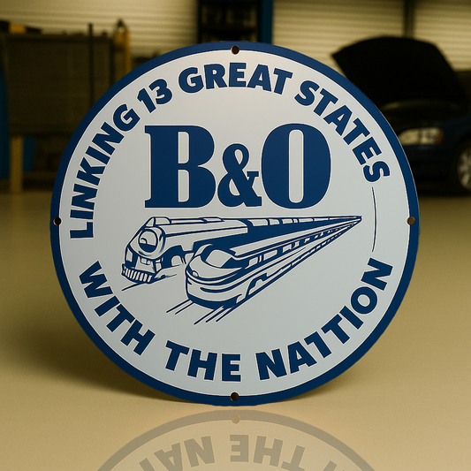 B&O Railroad - Linking 13 Great States with the Nation Round Heavy Metal Sign – Garage & Man Cave Decor