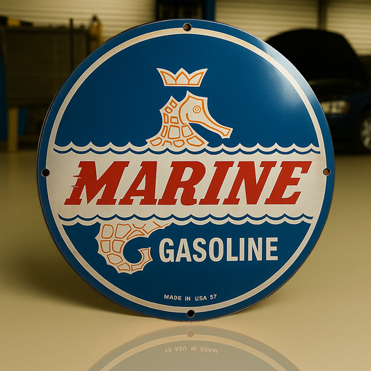 Marine Gasoline Round Retro Heavy Metal Sign-Crowned Seahorse Design-Garage & Man Cave Decor