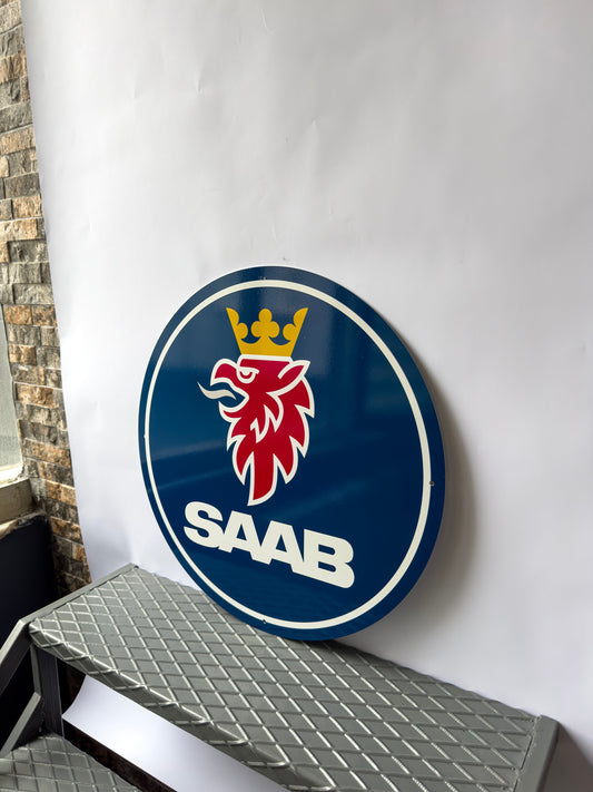 Saab Round Heavy Metal Sign – Garage & Man Cave Decor