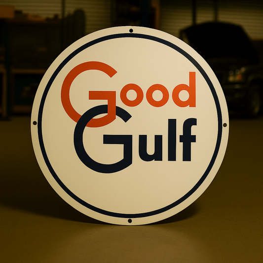 Good Gulf Round Heavy Metal Sign – Garage & Man Cave Decor