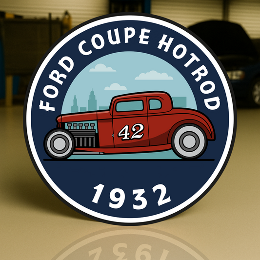 FORD COUPE Hotrod Number 42 Legend (1932) Round Heavy Metal Sign – Garage & Man Cave Decor