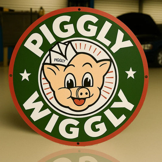 Piggly Wiggly Grocery - Retro Pig Logo Round Heavy Metal Sign – Garage & Man Cave Decor